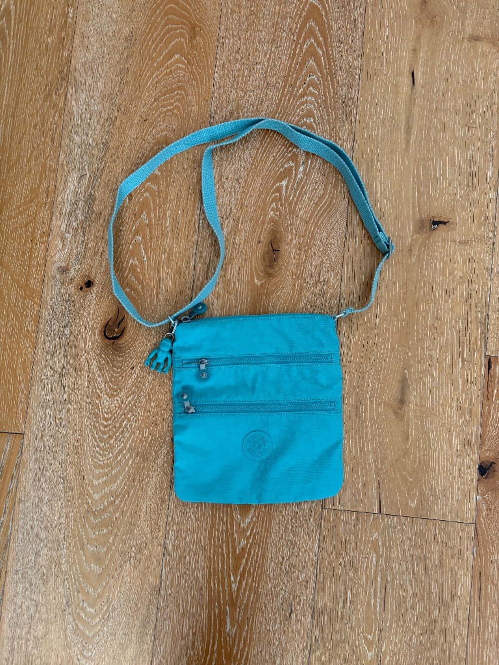 Teal Kipling purse with monkey keychain
